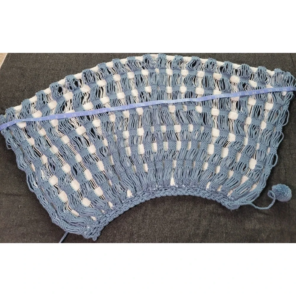 Vintage 70s Handmade Crochet Blue White Cape Capelet Knit Poncho Shawl - Picture 9 of 11